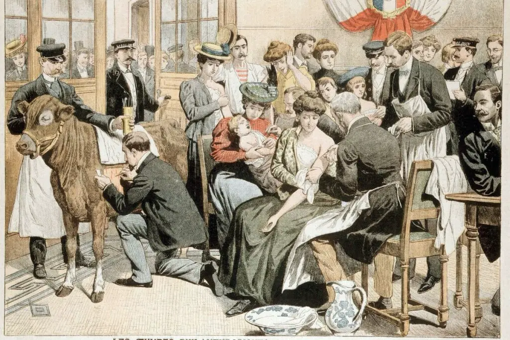 group of people administrating the first cowpox vaccinations