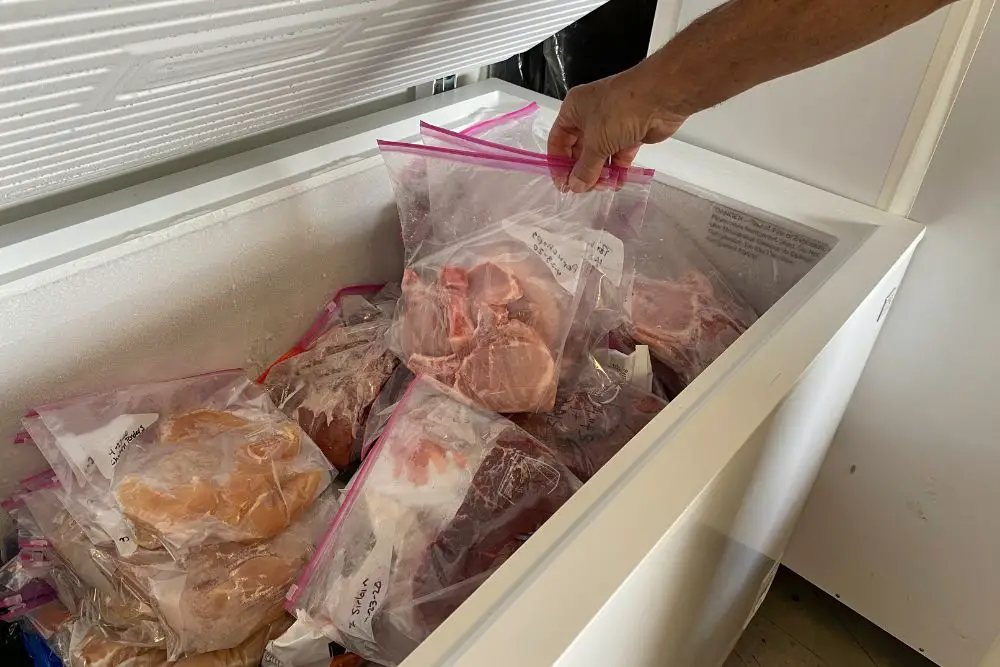 man placing frozen beef in chest freezer